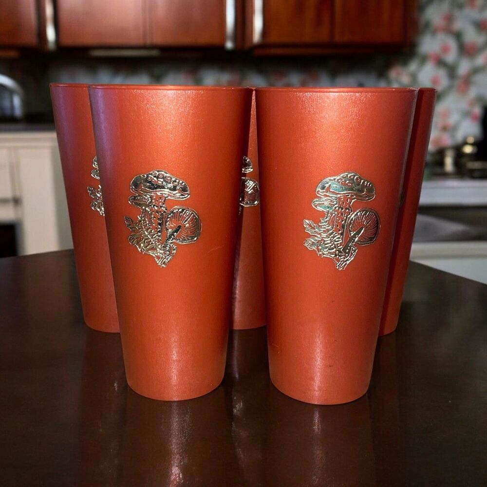 Vintage 1970s NASCO Set of 5 Rust/Copper 14 oz Gold Mushroom Tumblers Cups